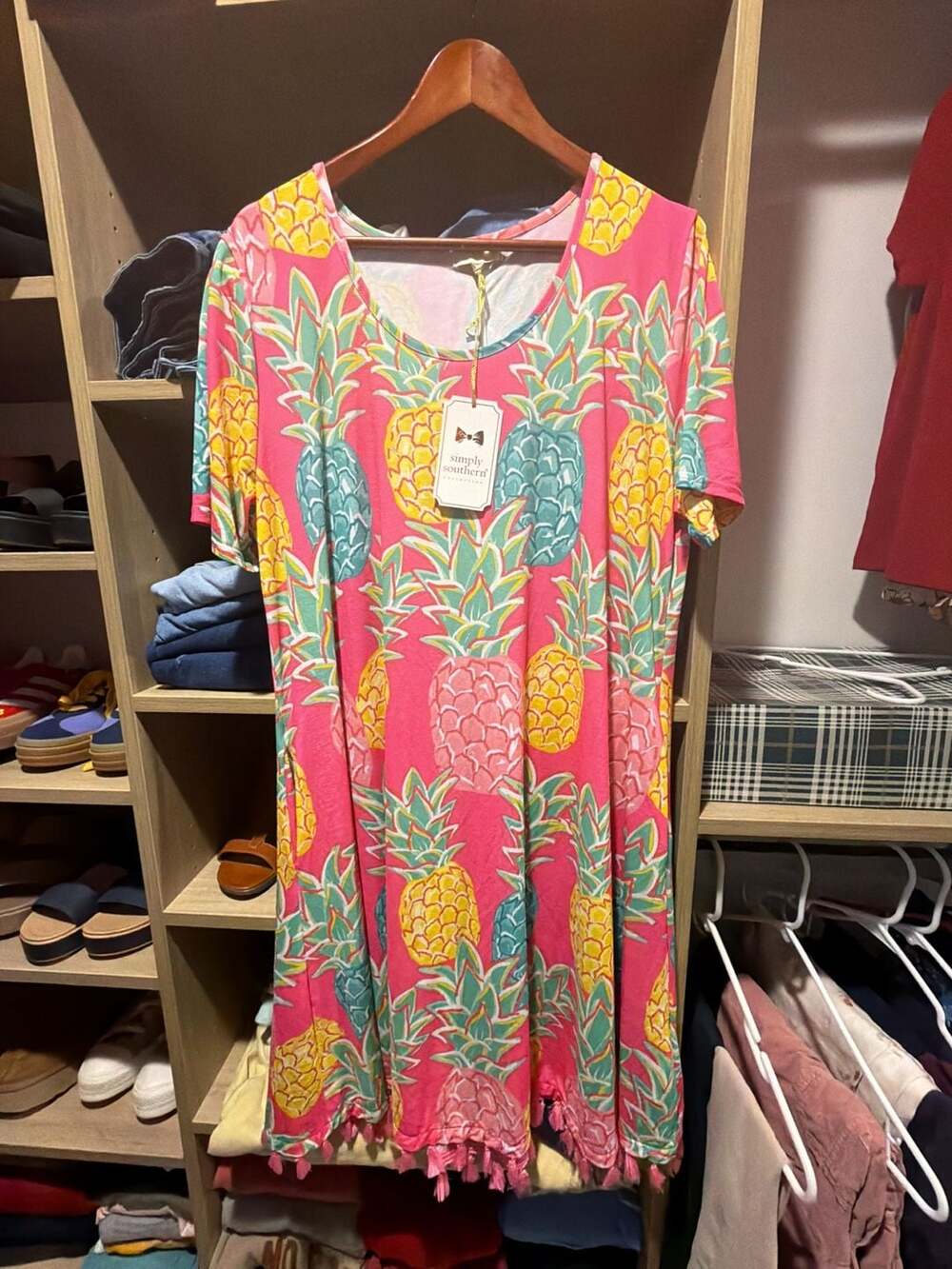 Simply Southern Charleston Pineapple Print Tassel Hem Short Sleeve Dress - Picture 1 of 4